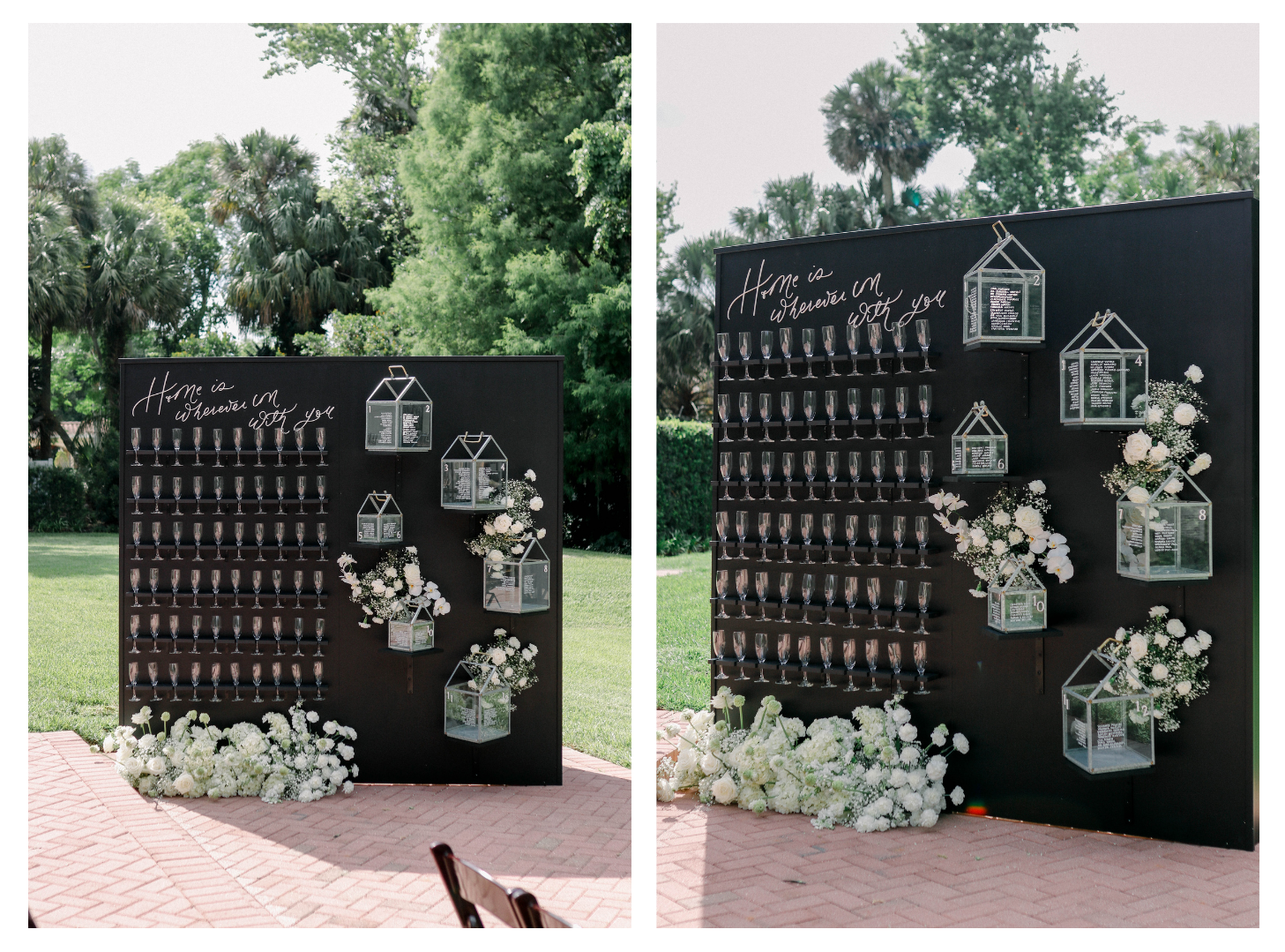 Black and white wedding champagne wall with glass houses
