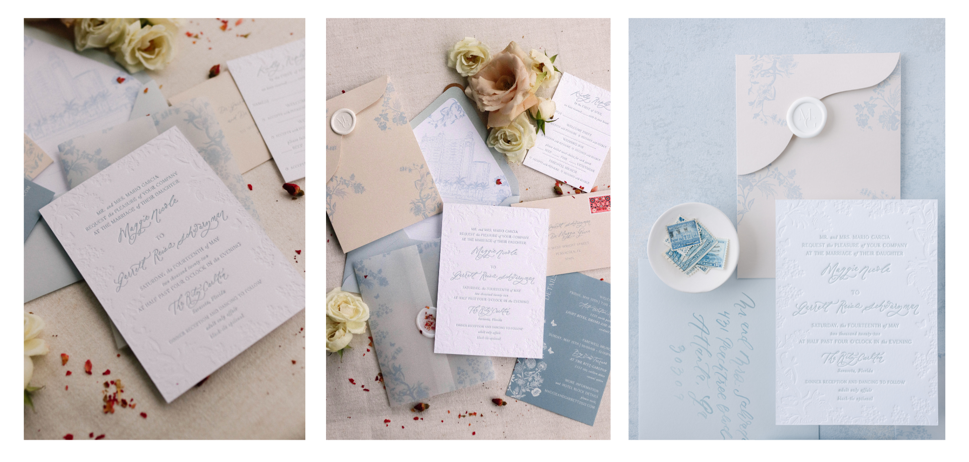 blue, white and cream wedding invitation suite