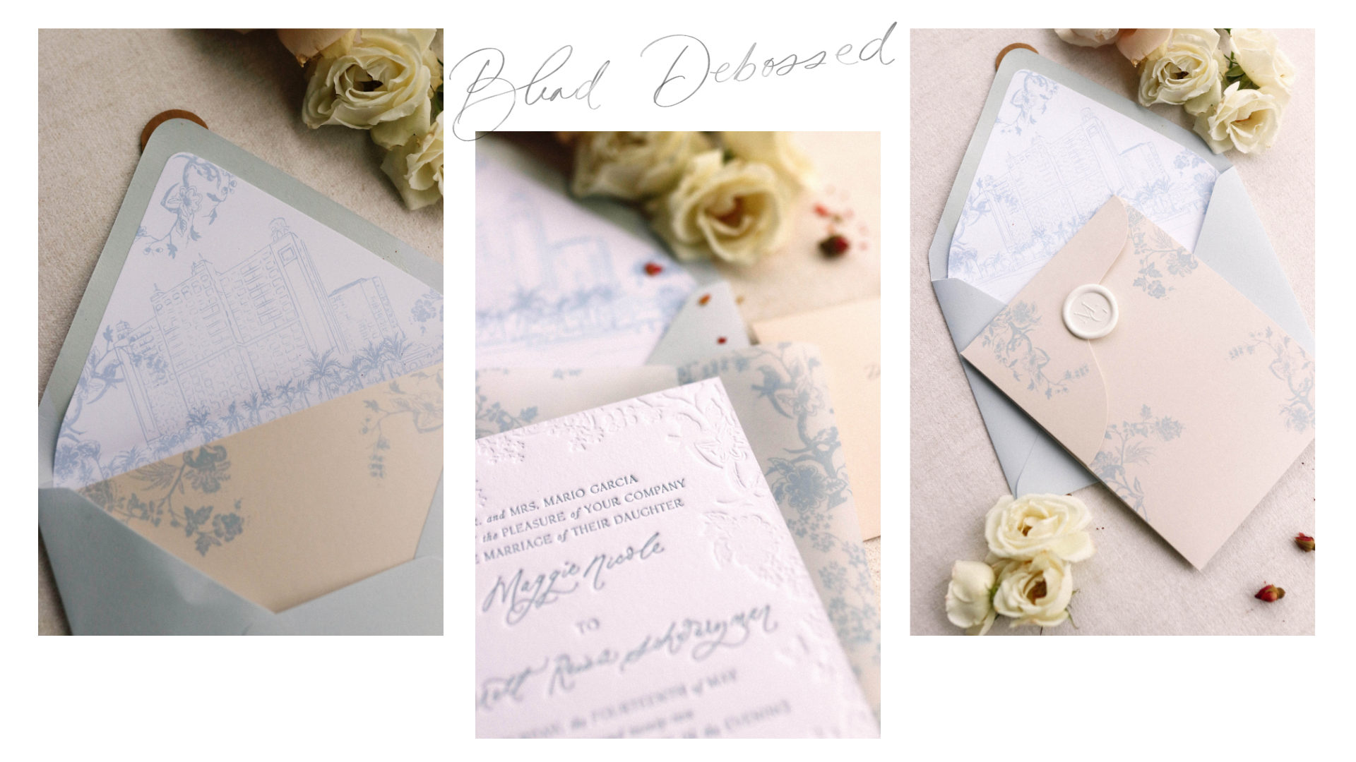 blind debossed wedding invitation suite with letterpress