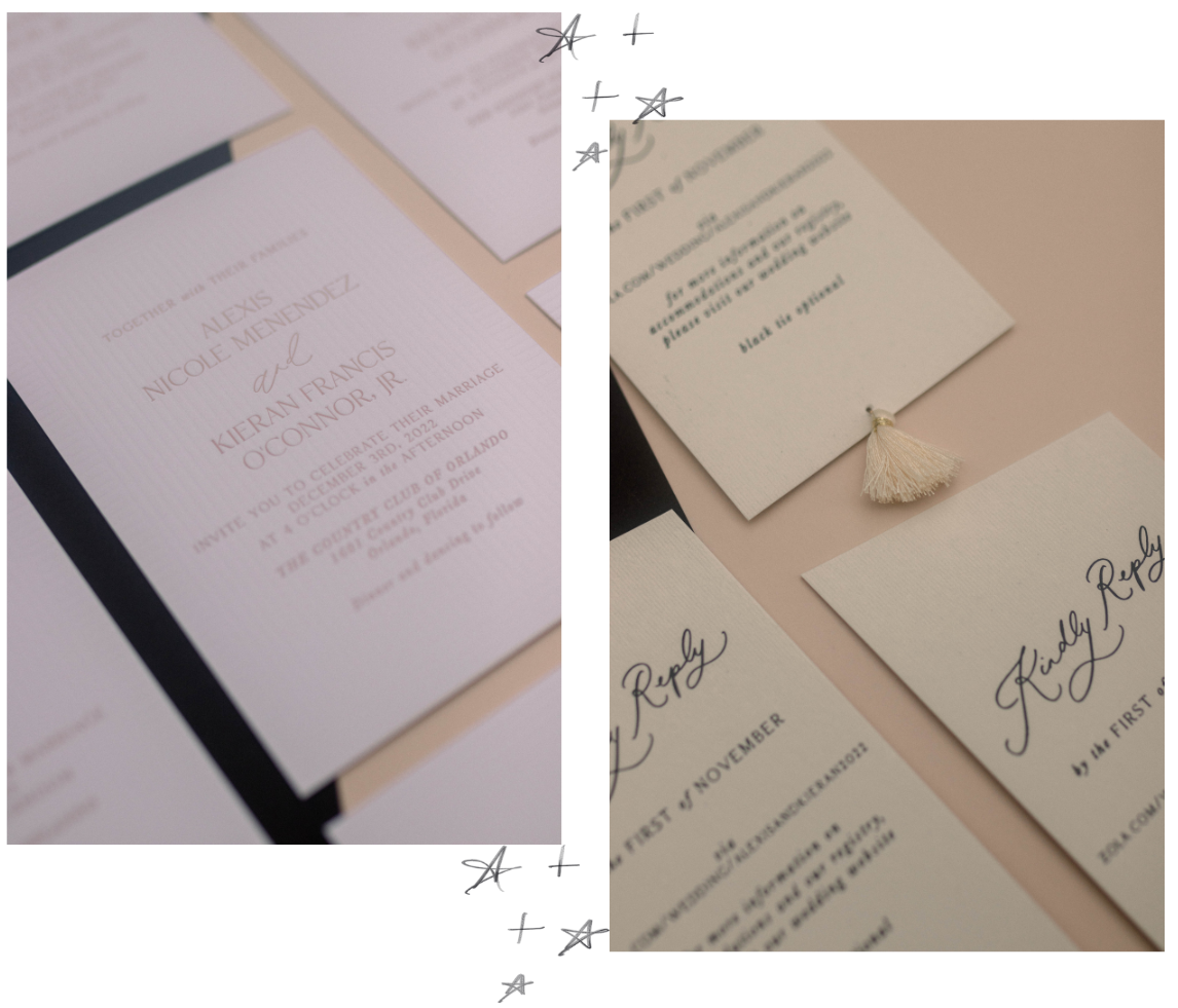 Debossed wedding invitation and reply card with tassel