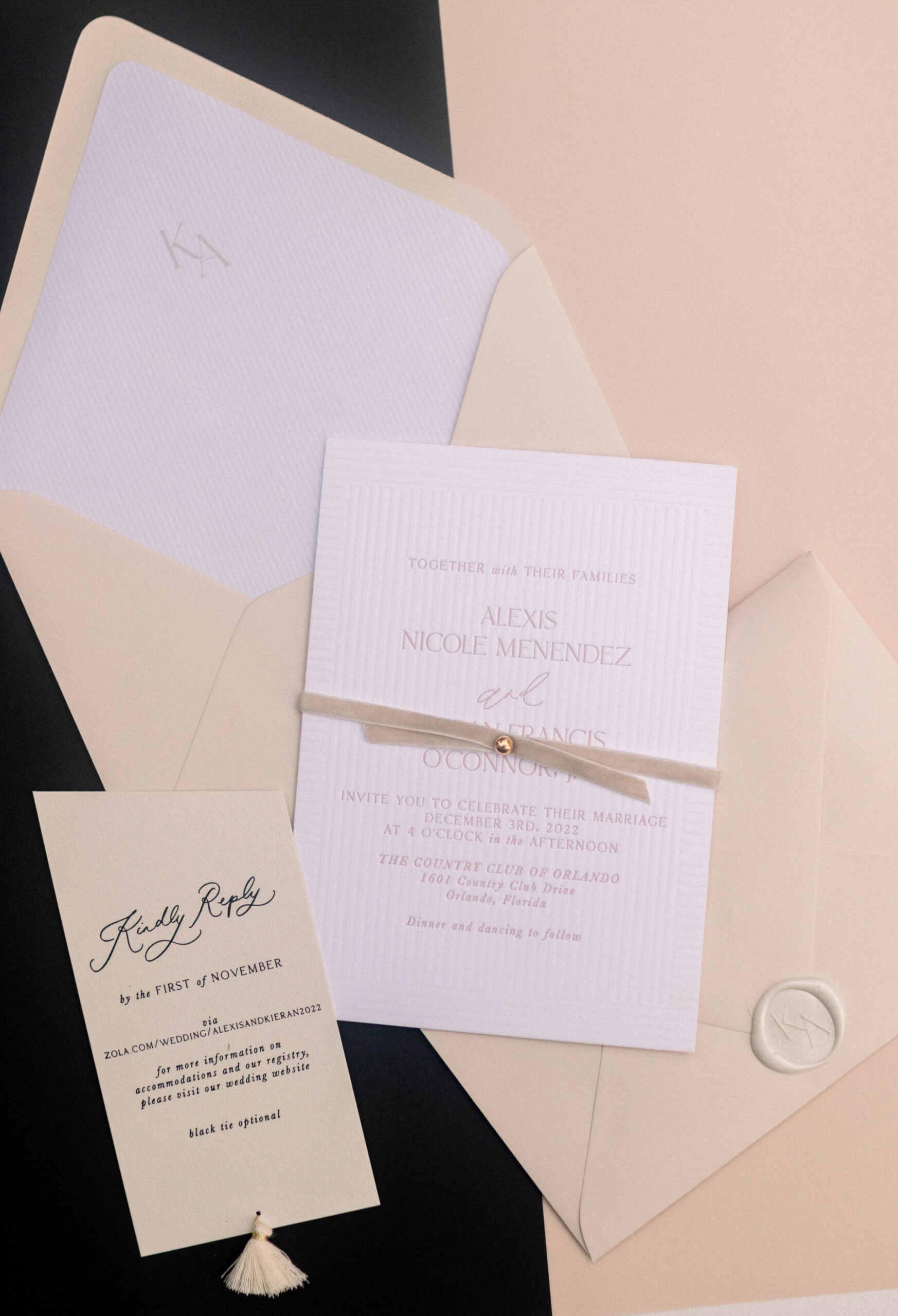 Taupe white and black wedding invitation suite