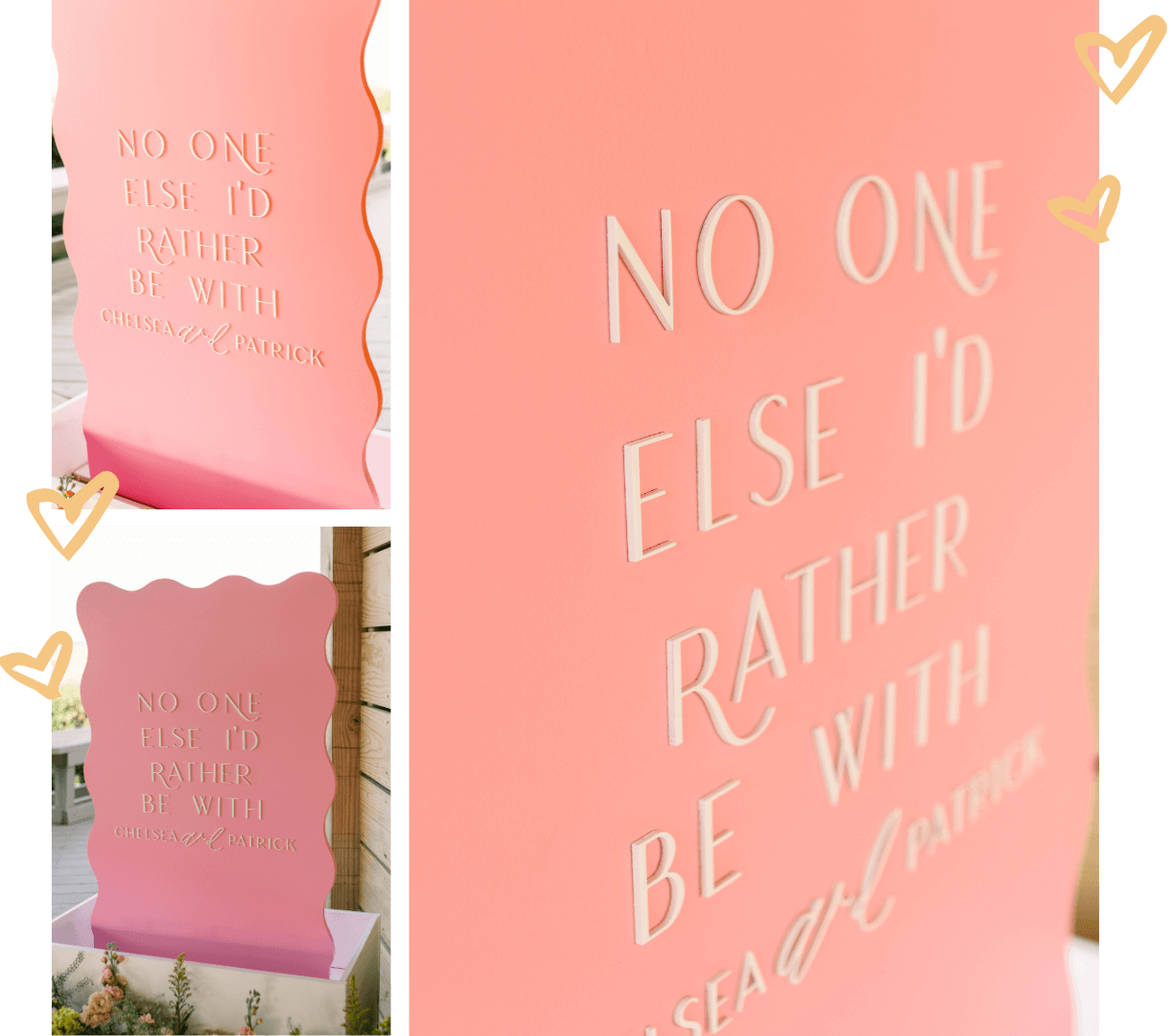 Raised 3-D details of wedding welcome sign