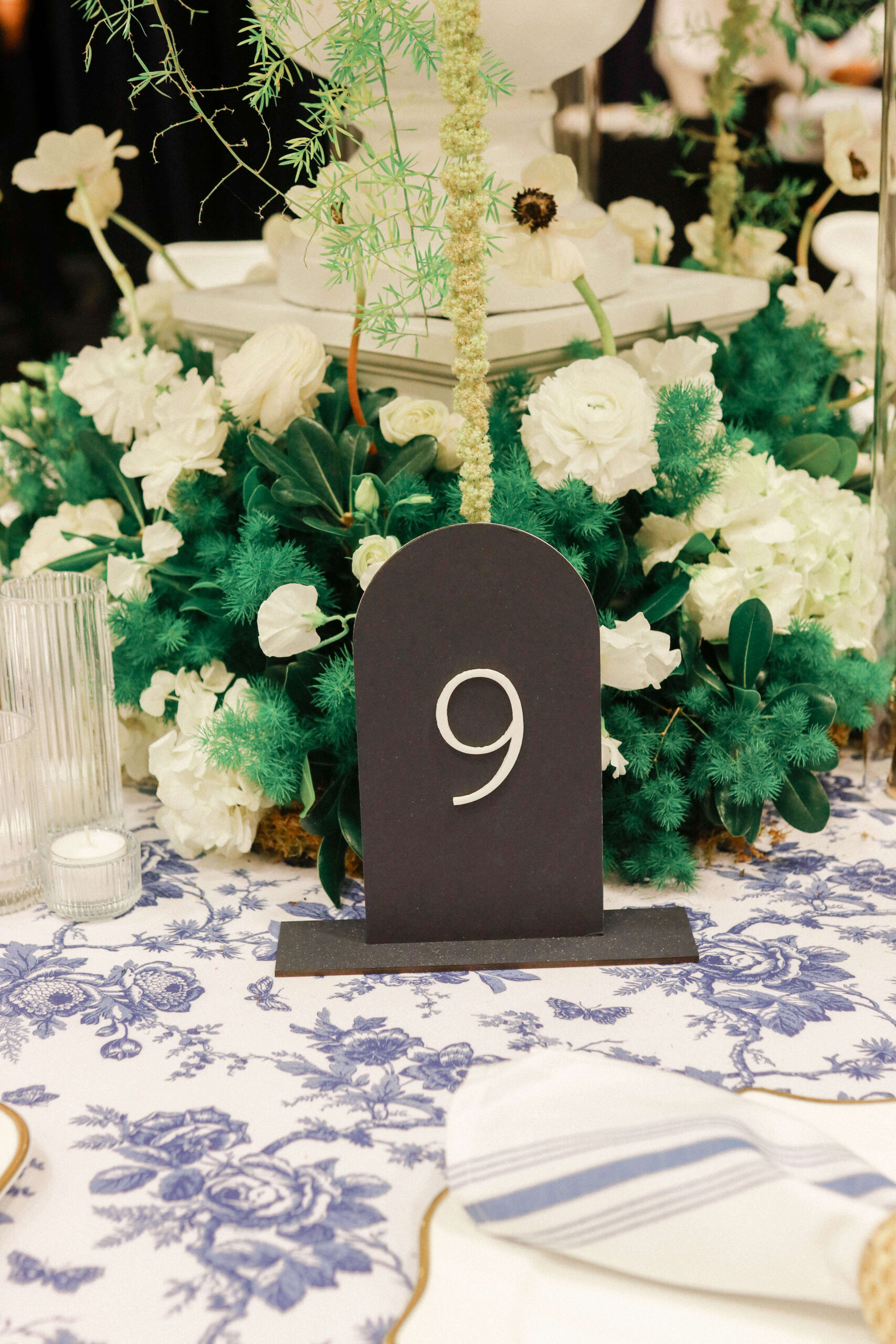 Blue and white table number